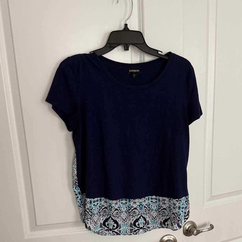 Express Dark Blue Short Sleeve Top with Patterned Hem